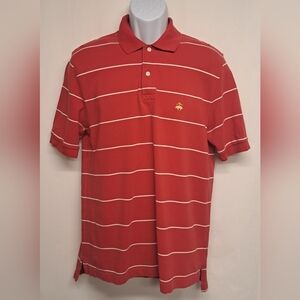 Brooks Brothers M Henley Red White Striped Shirt Woven Short Sleeve Collared